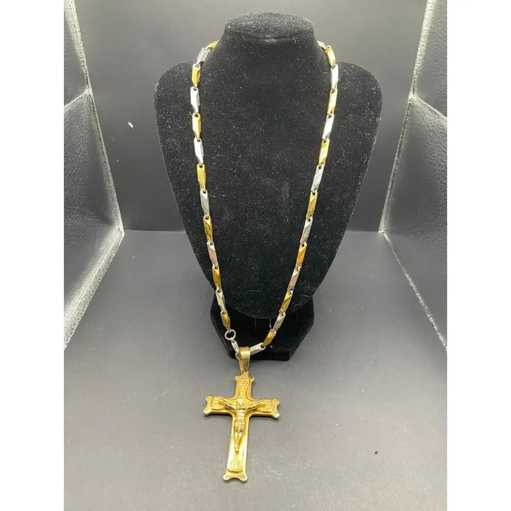 Gold & Silver Tone Jesus Engraved Chain With Stainless Steel Gold Tone Crucifix